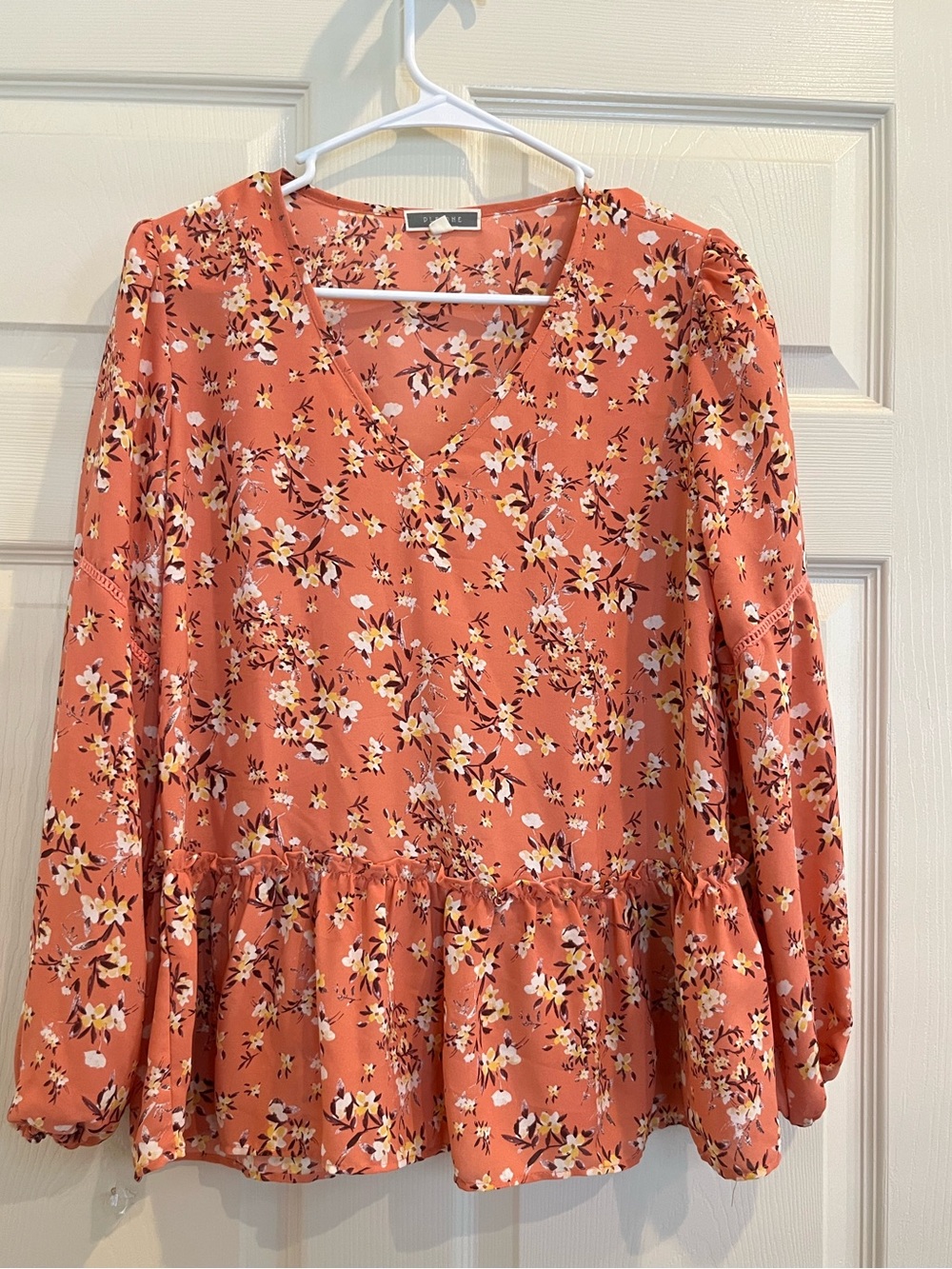 PLEIONE Peach Floral Peplum Blouse